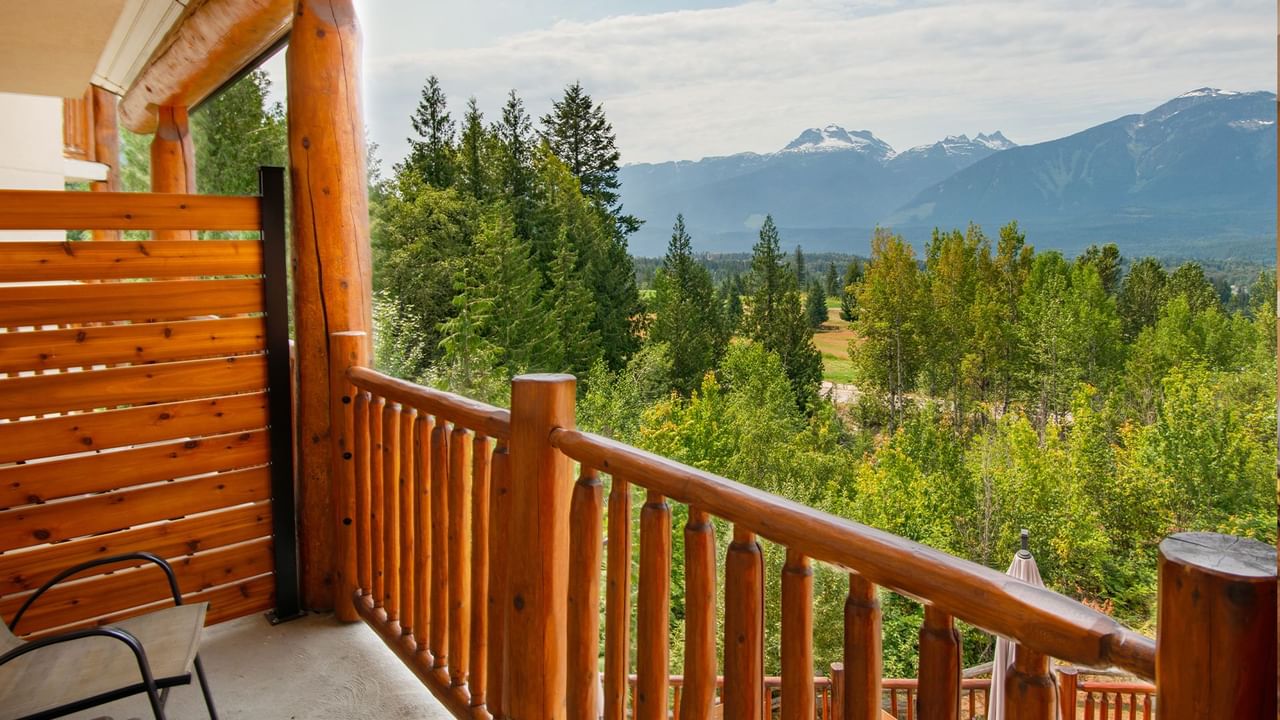 Hotel guest room balcony with a view of the mountains