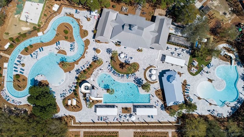 Aerial top view of outdoor pools at WaterColor Inn