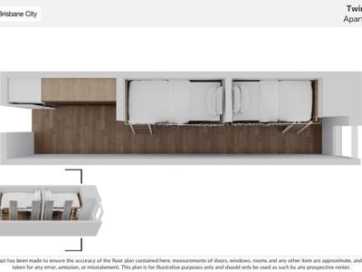 Floor plan layout of a twin share loft apartment with measurements at UniLodge Brisbane City.