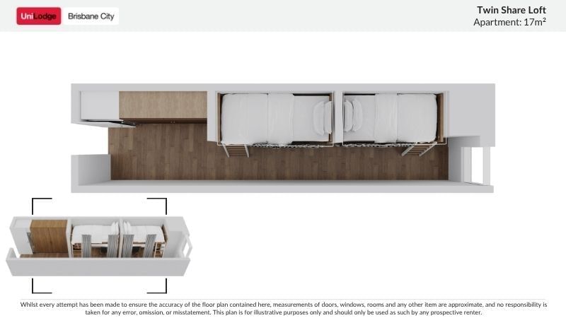 Floor plan layout of a twin share loft apartment with measurements at UniLodge Brisbane City.
