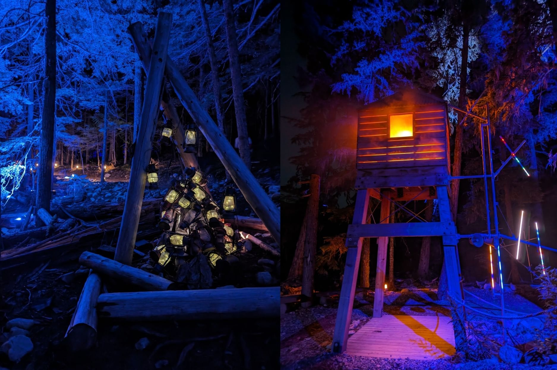 Illuminated Vallea Lumina with wooden tents near Blackcomb Springs Suites