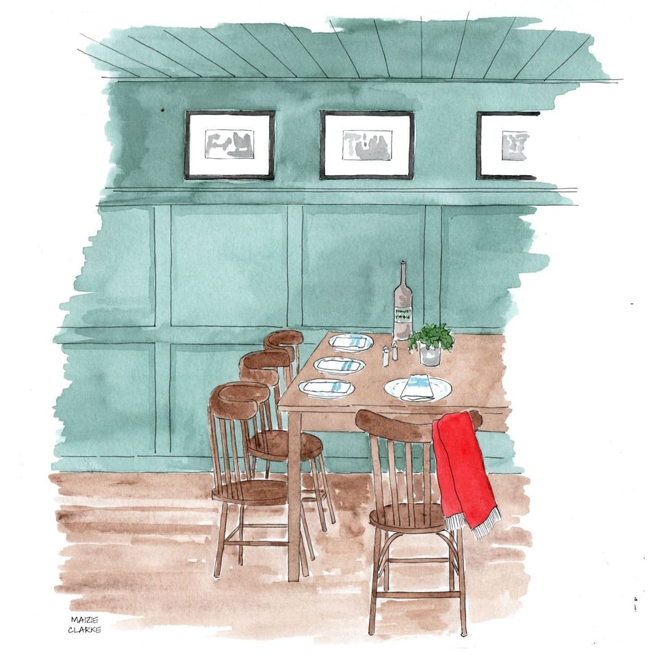 Watercolor sketch of a dining area with tables inviting guest to dine and drink at the Bardstown Motor Lodge in Kentucky.