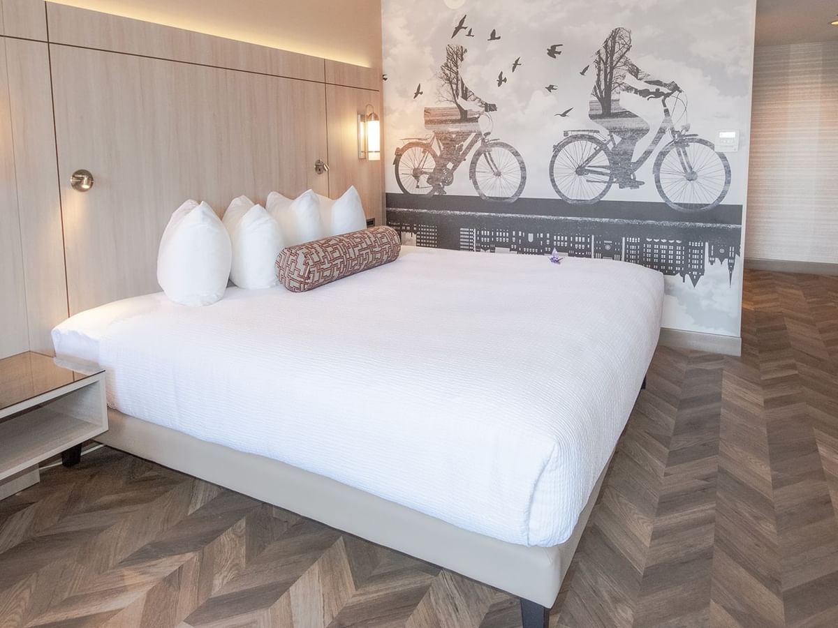 Hotel guestroom with a king size bed