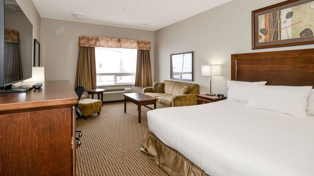 Hotel room with a king bed and a sofa bed, TV, work desk, chair, and coffee table