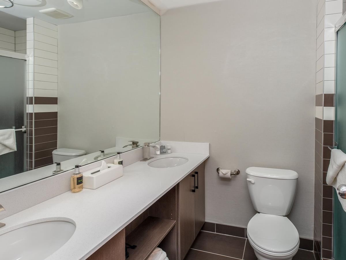 Bathroom with dual sinks, large mirror, and toilet.