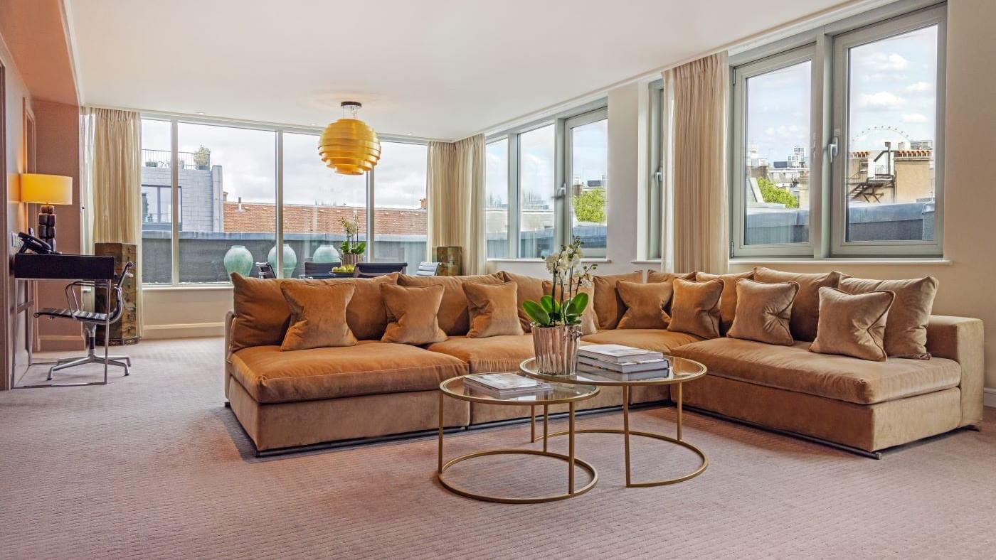 The Saffron Suite living room at The May Fair Hotel in London.