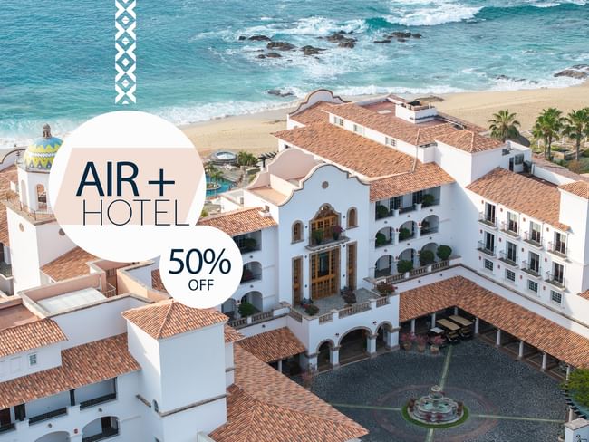 Hotel with beach view, circular fountain, and 