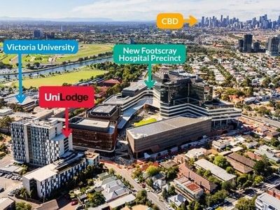 Aerial view of Footscray suburb highlighting key locations: Victoria University, UniLodge VU, New Footscray Hospital, and Melbourne CBD