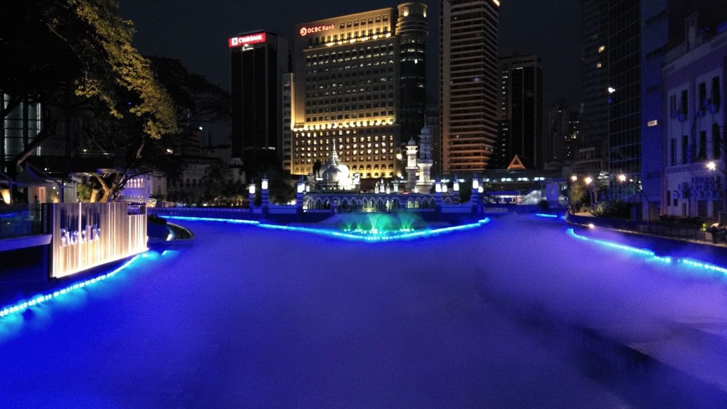 View of the River of Life at night near Sunway Hotel Pyramid