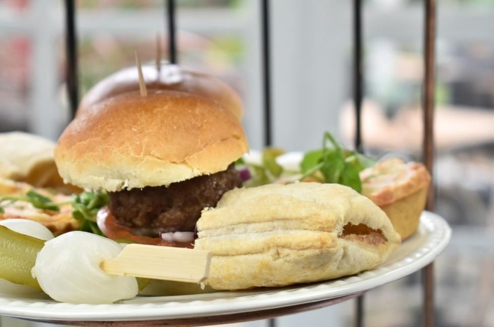 hearty afternoon tea bites, sausage roll, burger at gorse hill in surrey