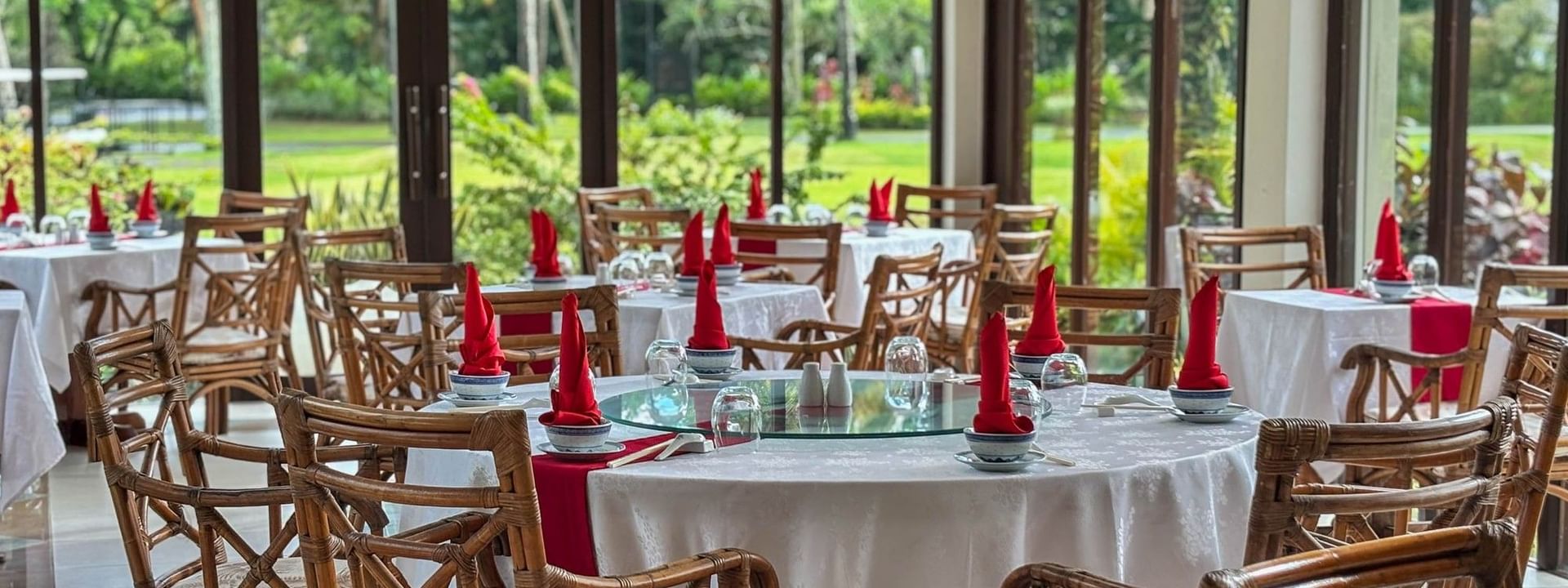Bamboo Terrace dining area with bamboo chairs at The Naviti Resort - Fiji.