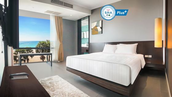 Master Bedroom of Two-Bedroom Residence Premium with a crystal clear blue sea view at Paradox Resort Phuket