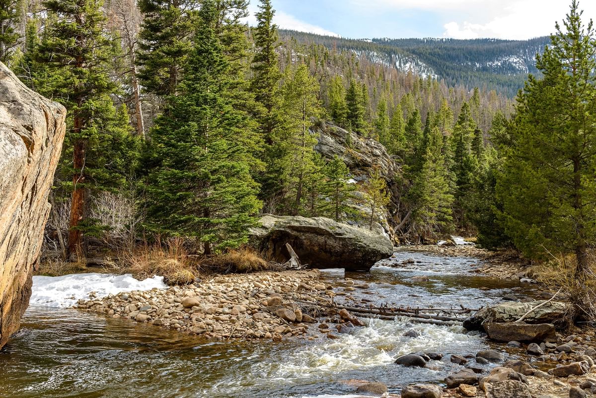 Rocky Mountain stream flows over stones, near a snow patch and evergreen trees under a cloudy sky near Warwick Denver
