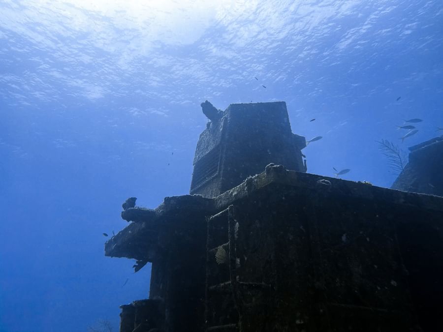 Dark shipwreck by small fish under the bright ocean surface surrounding rusted metal near Warwick Paradise Island Bahamas