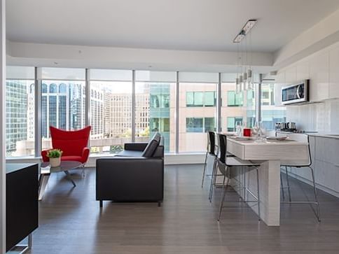Livingroom & kitchen in Two bedroom Suite at ReStays Ottawa