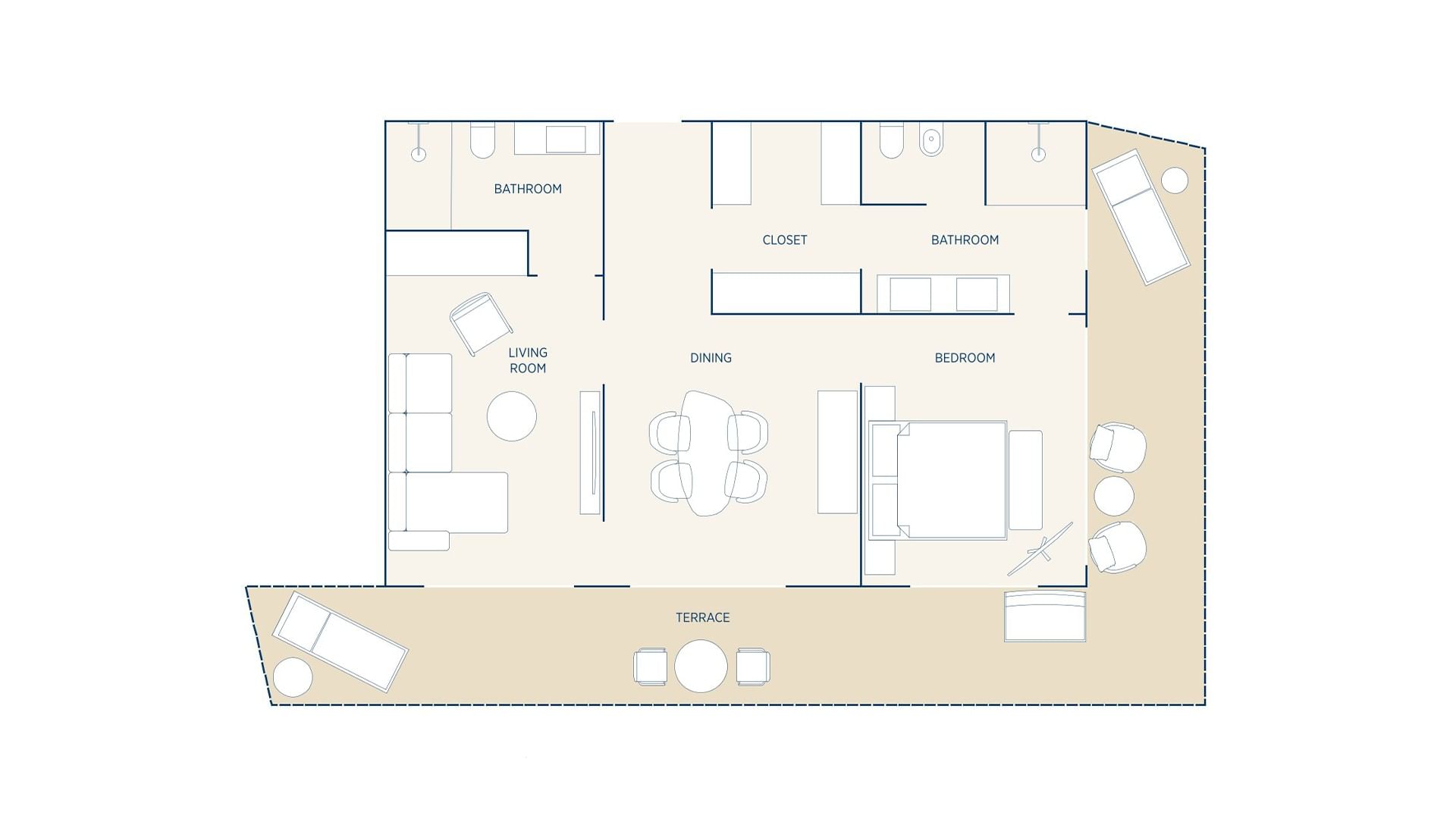 A floor plan showing a living room, dining area, bedroom, two bathrooms, a closet, and a terrace.