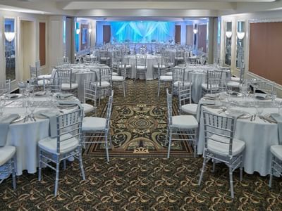 Banquet-style table set-up in Rutherford hall at Varscona Hotel on Whyte