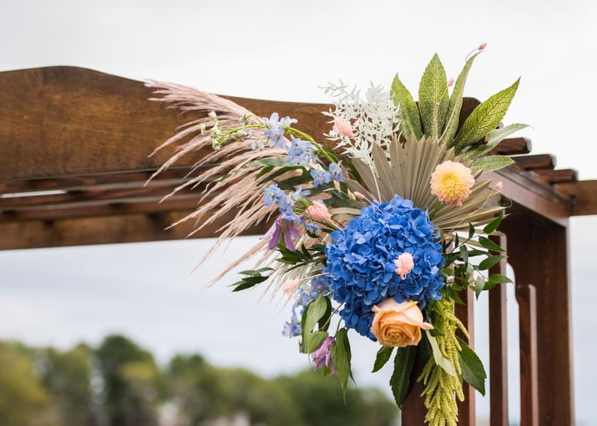 Close-up of flower decor used in a wedding venue at Ogunquit River Inn