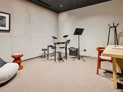 Music room with instruments at West Tower, Melbourne Quarter.