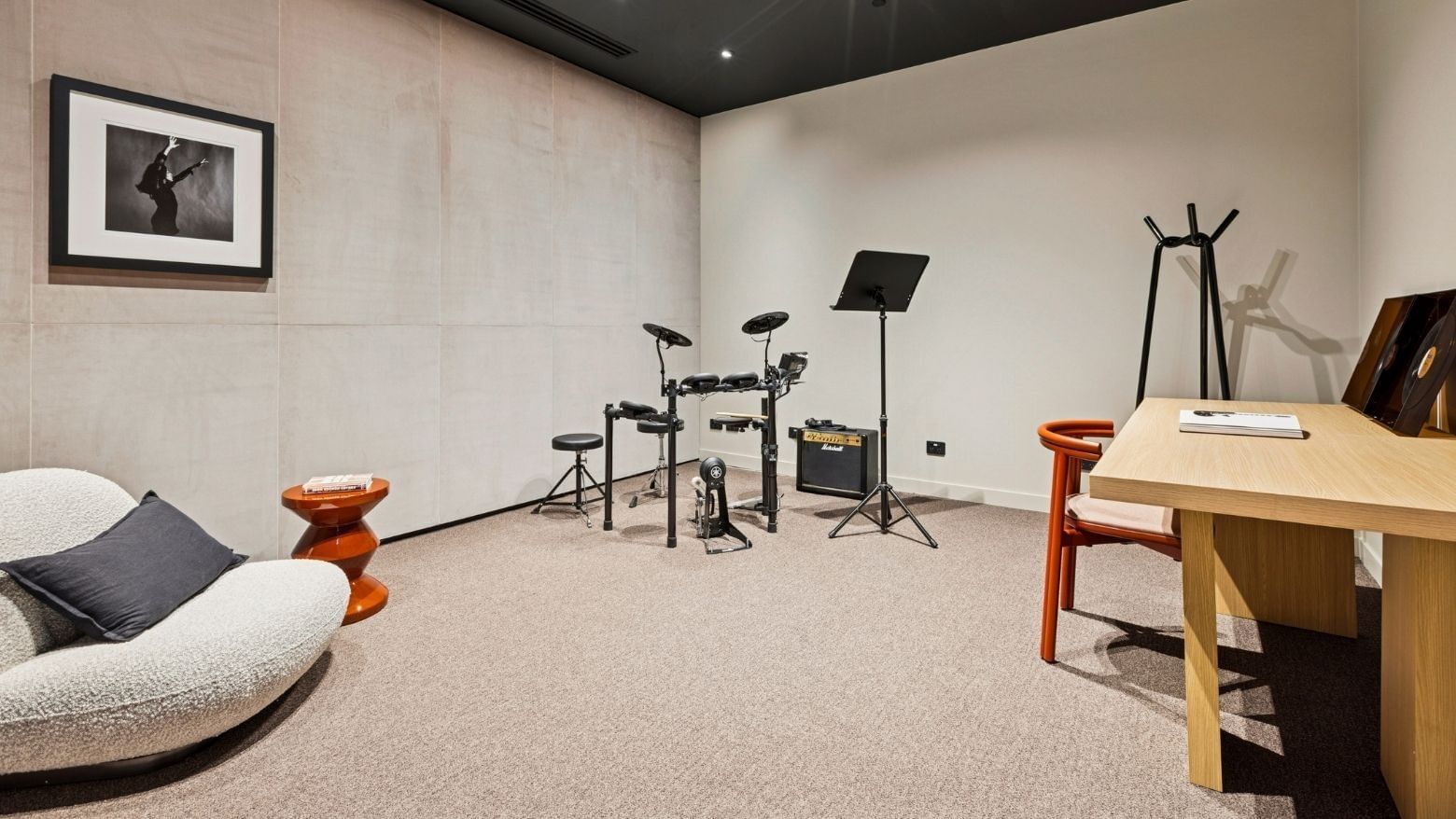 Music room with instruments at West Tower, Melbourne Quarter.