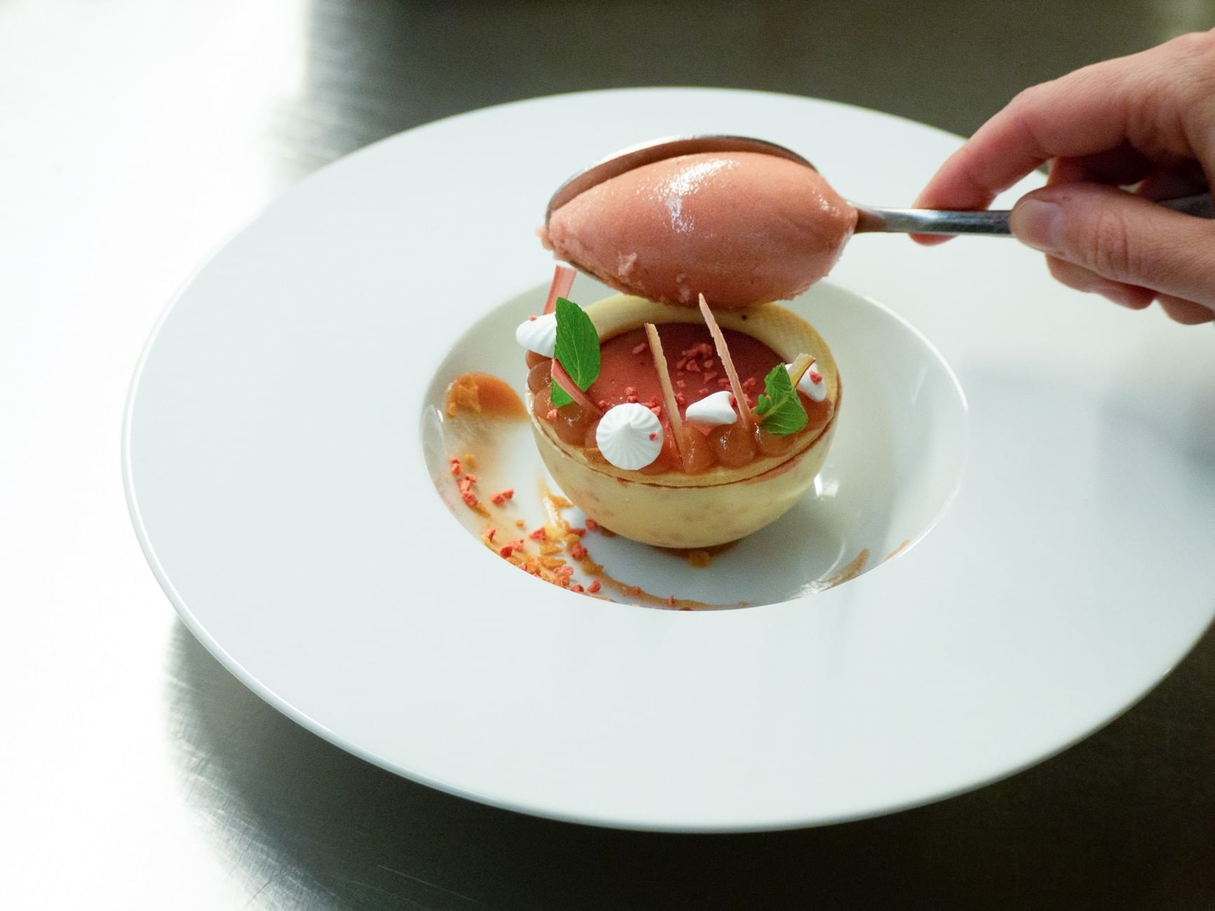 Closeup of a dessert served at The Singular Patagonia