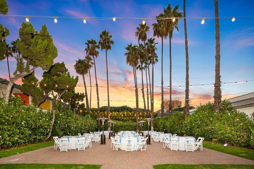 The Veranda with table set up for event, The Anaheim Hotel