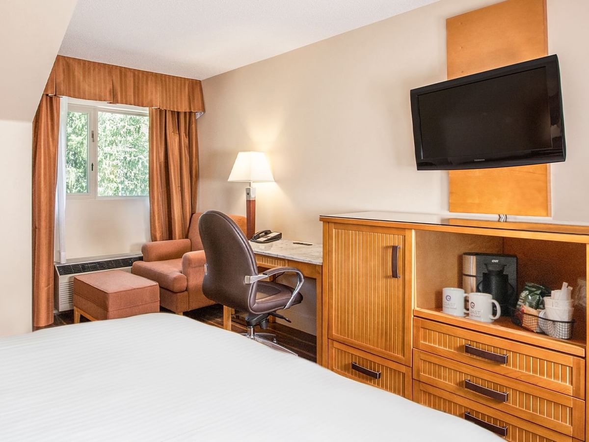 tv with tea and coffee maker