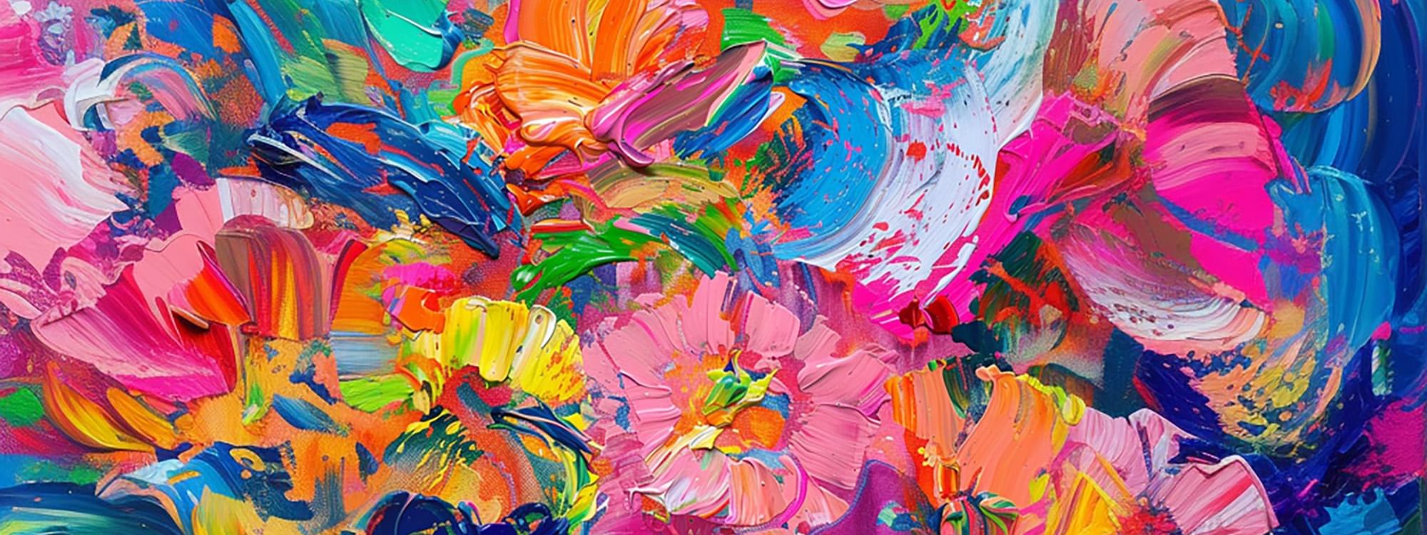 Vibrant oil painting bursting with colorful abstract flowers used at Warwick Melrose Hotel Dallas Ballroom