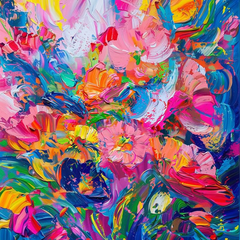Vibrant oil painting bursting with colorful abstract flowers used at Warwick Melrose Hotel Dallas Ballroom