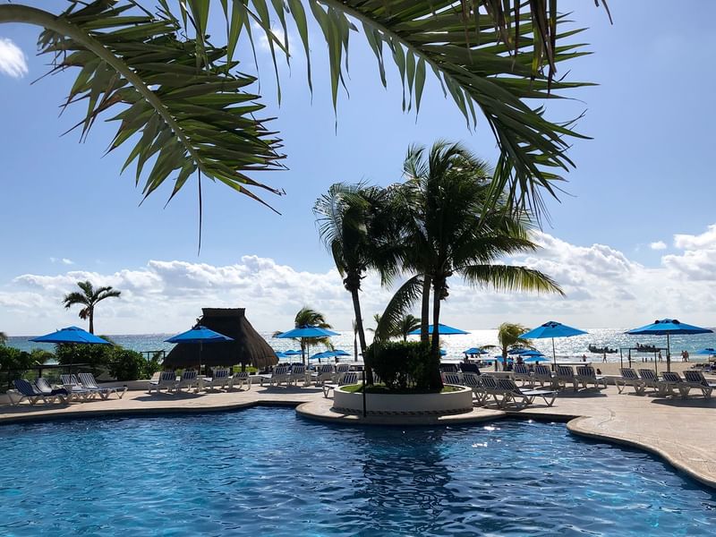 Sun loungers by the outdoor pool at The Reef playacar