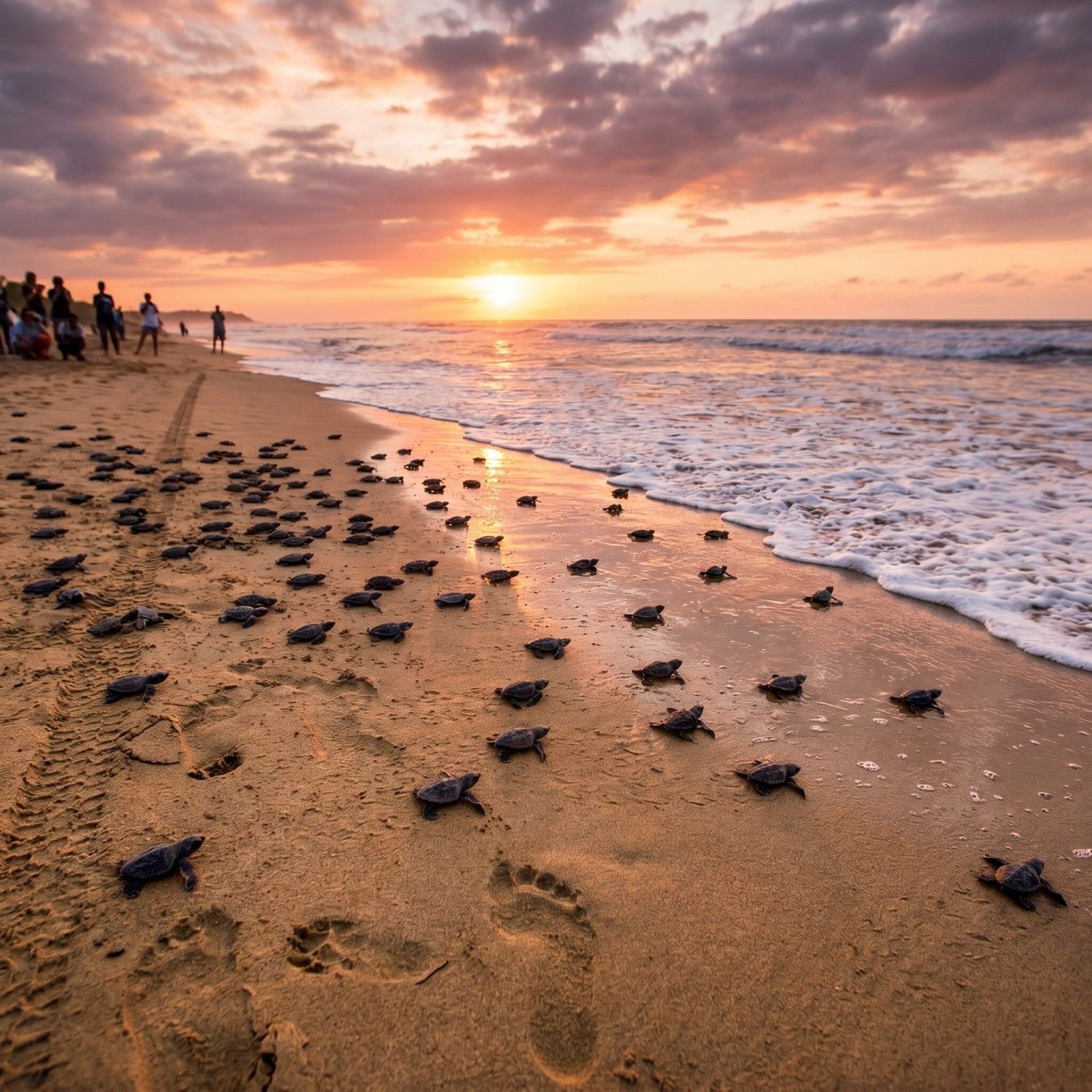 Crías de tortuga marina emprendiendo su primer viaje hacia el océano Pacífico en Puerto Vallarta