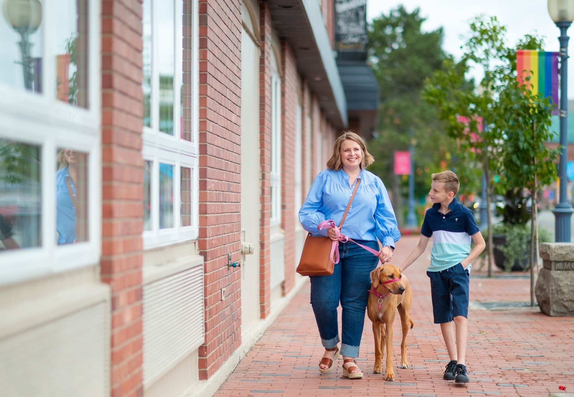 Woman and boy walking a dog on a brick sidewalk near pet-friendly hotels in Moncton options like Rodd Moncton