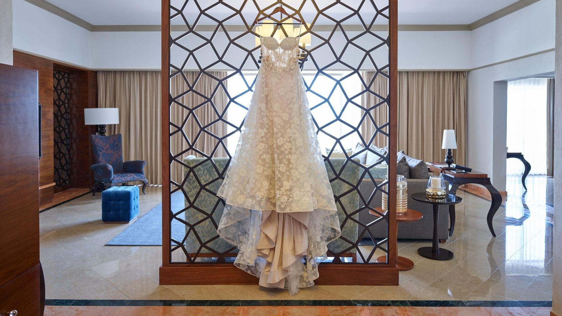 Wedding dress hung in Presidential Suite at FA Mérida