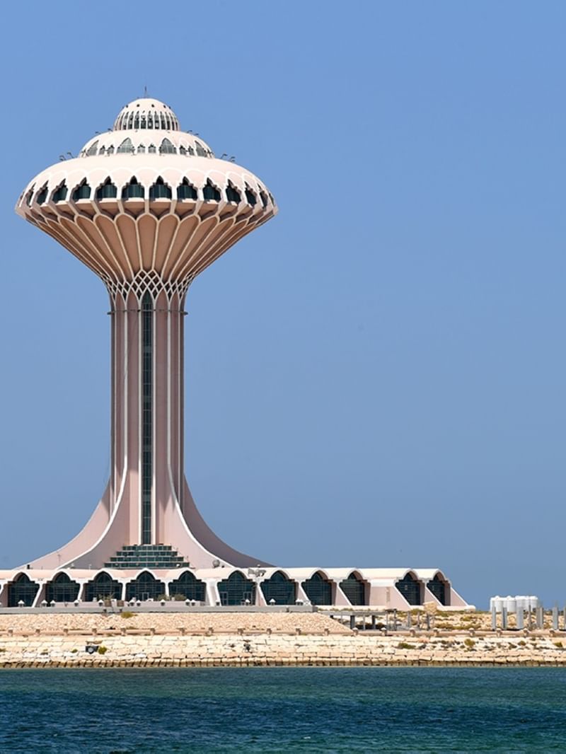  Al Khobar Water Tower with an ornate observation deck overlooking the blue sea near Warwick Al Khobar