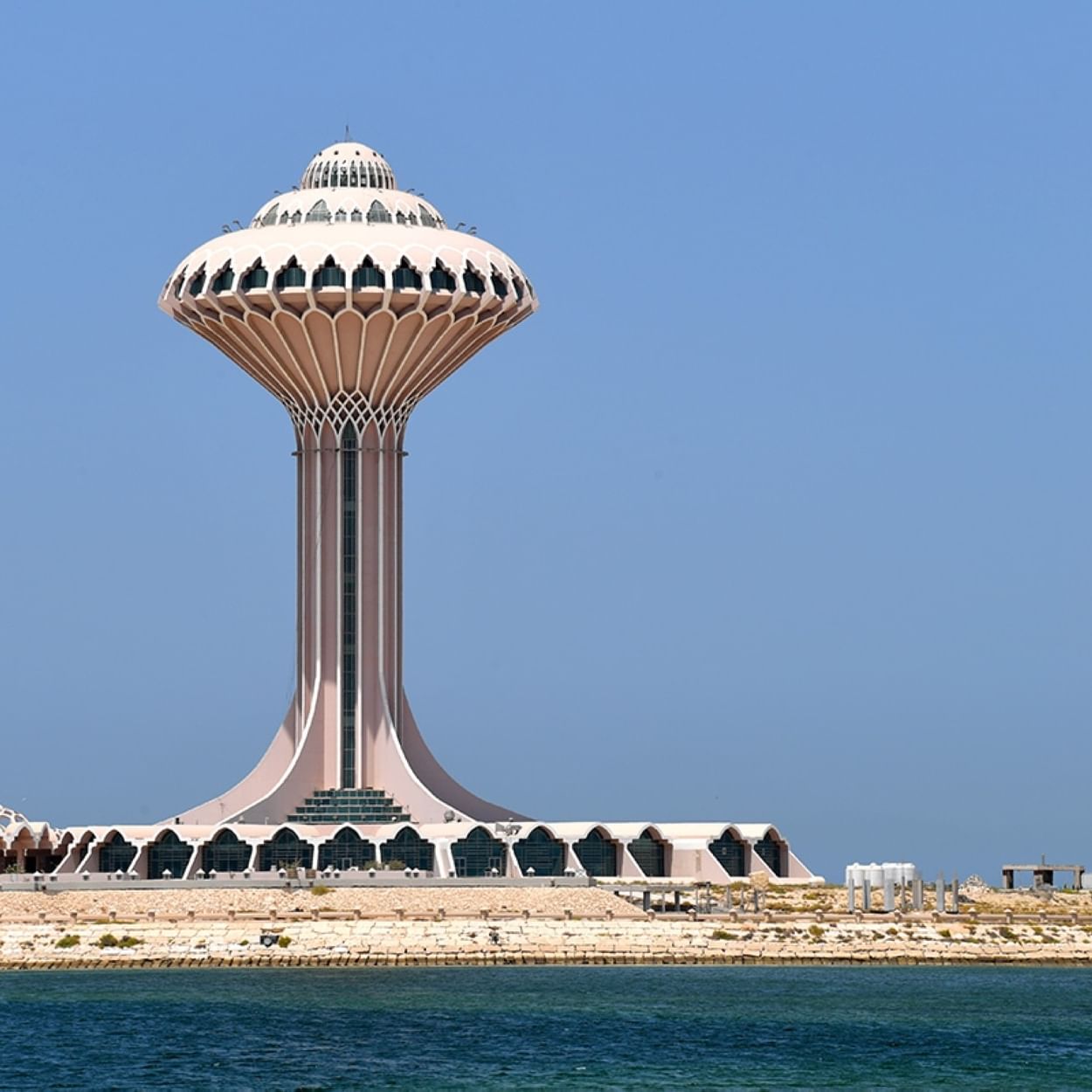  Al Khobar Water Tower with an ornate observation deck overlooking the blue sea near Warwick Al Khobar