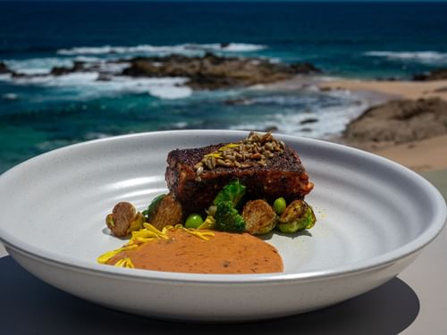 Plato de carne con semillas de girasol y salsa con el océano de fondo en el restaurante Pitahayas en Hacienda del Mar Los Cabos