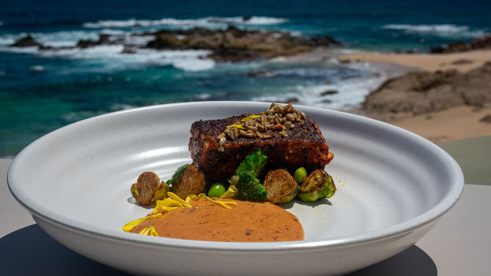 Plato de carne con semillas de girasol y salsa con el océano de fondo en el restaurante Pitahayas en Hacienda del Mar Los Cabos