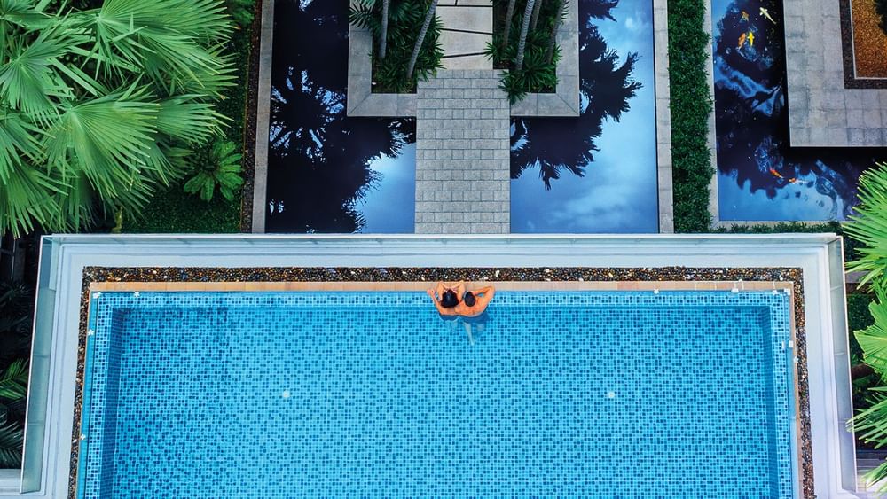 Overhead view of a couple in a blue swimming pool at Novotel Sydney Olympic Park