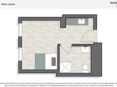 Floor plan of a 27-square-meter accessible studio apartment with bedroom, bathroom, and kitchenette at UniLodge Perth Central