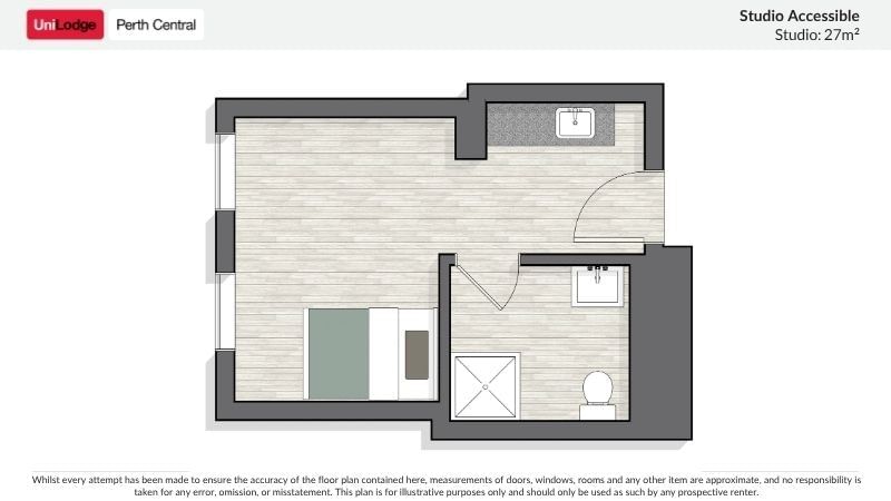 Floor plan of a 27-square-meter accessible studio apartment with bedroom, bathroom, and kitchenette at UniLodge Perth Central