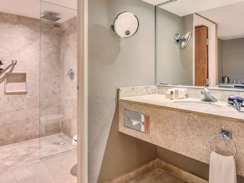 Deluxe Room, bathroom shower & vanity at FA Hotels & Resorts