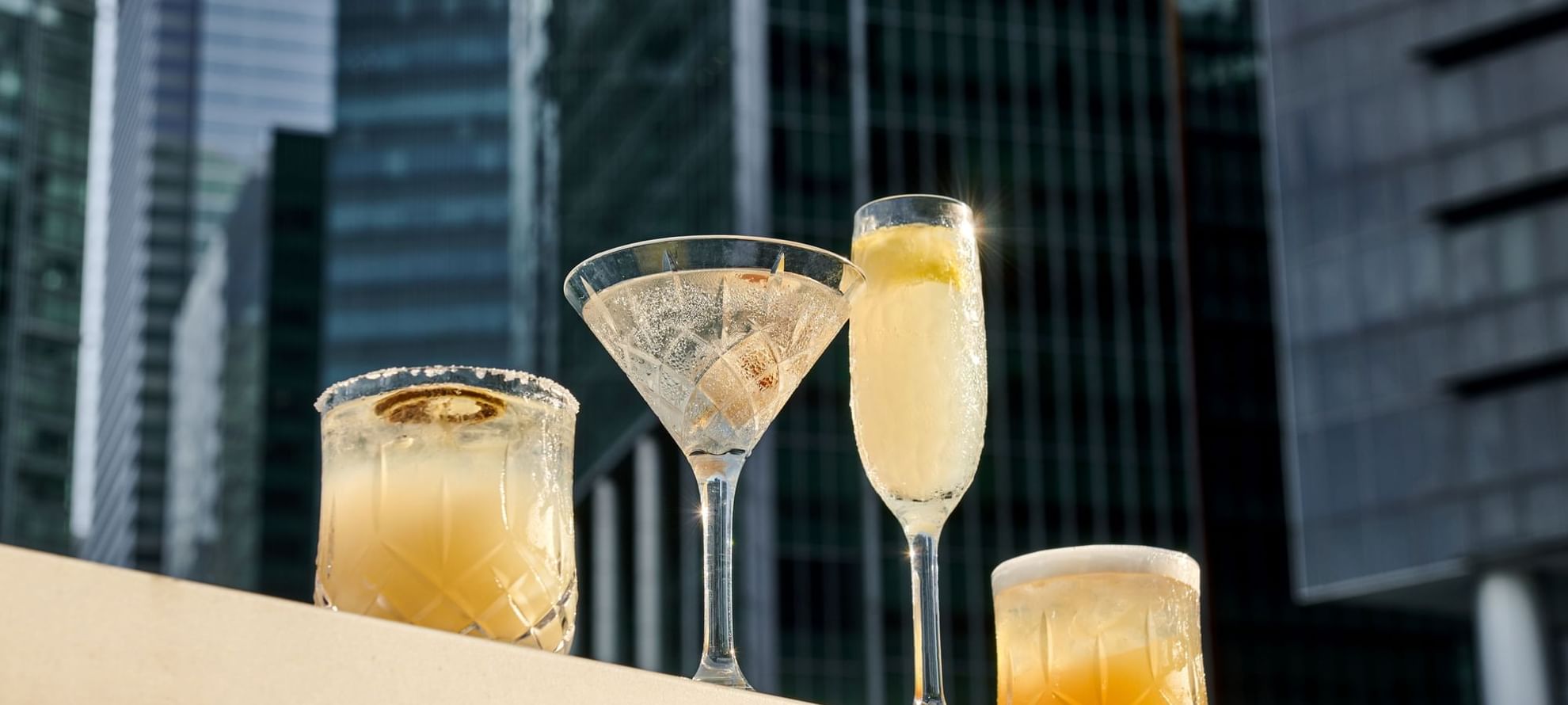 Close-up of cocktails on an outdoor table at The Fullerton Bay Singapore