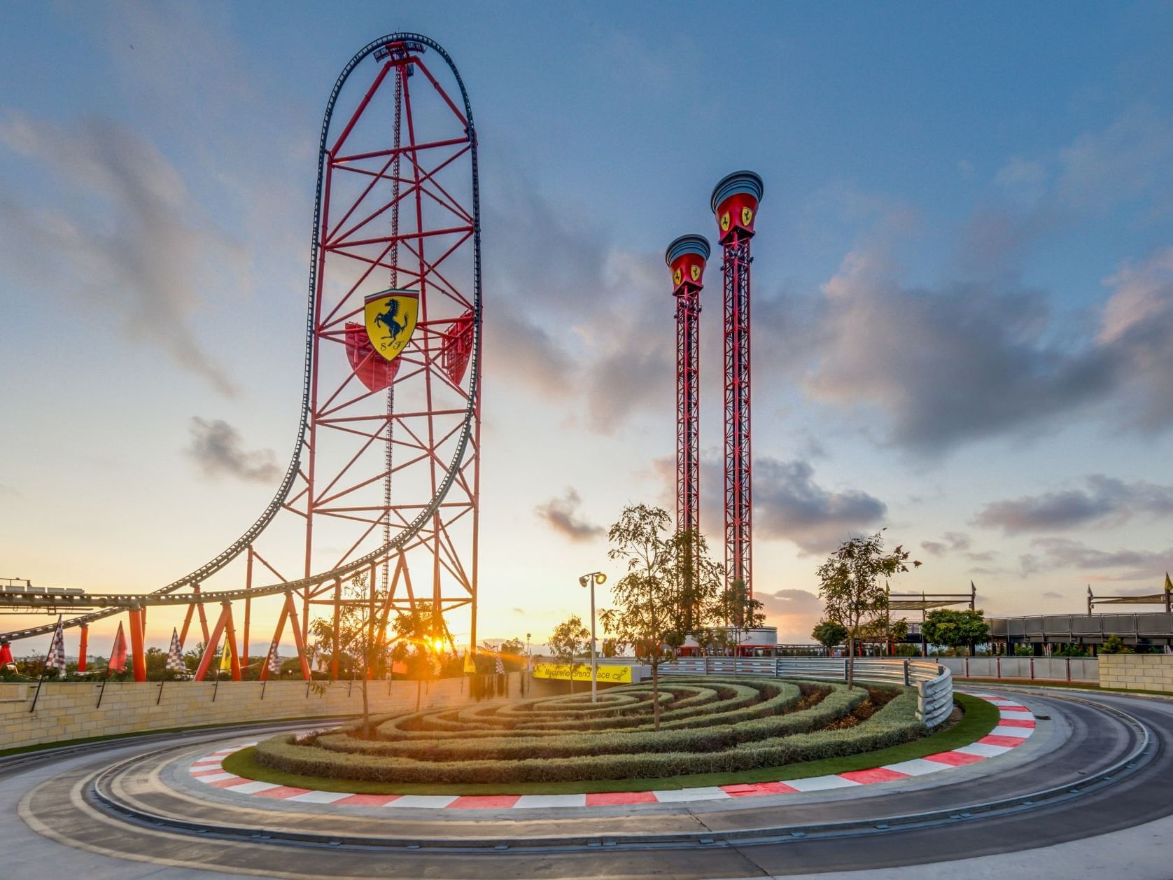 Red force roller coaster & thrill towers in Ferrari Land near Hotel Vila Centric