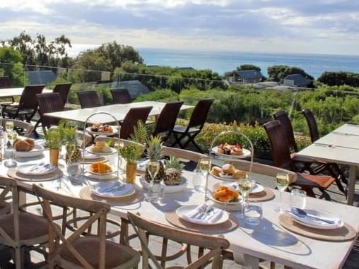 Outdoor dining table set with plates and food overlooking coastal vineyard and ocean views under partly cloudy sky