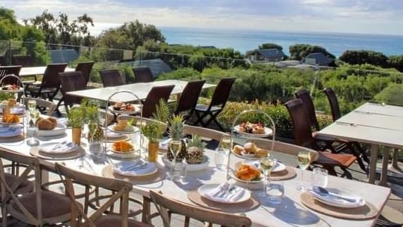 Outdoor dining table set with plates and food overlooking coastal vineyard and ocean views under partly cloudy sky