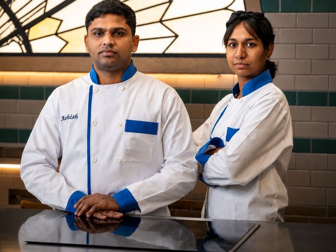 Two pastry chefs in white uniforms with blue trim standing for The Bake Off: The Professionals Winners of Edwardian Hotels