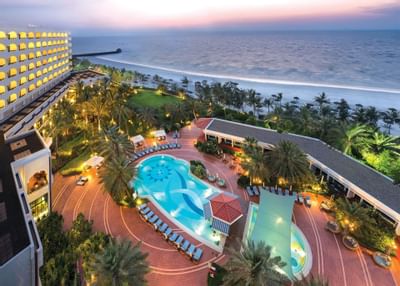 Bird eye view of the Hotel Ajman at sunset