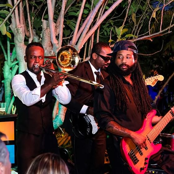Closeup of a musical band playing in an event at Marbella Club