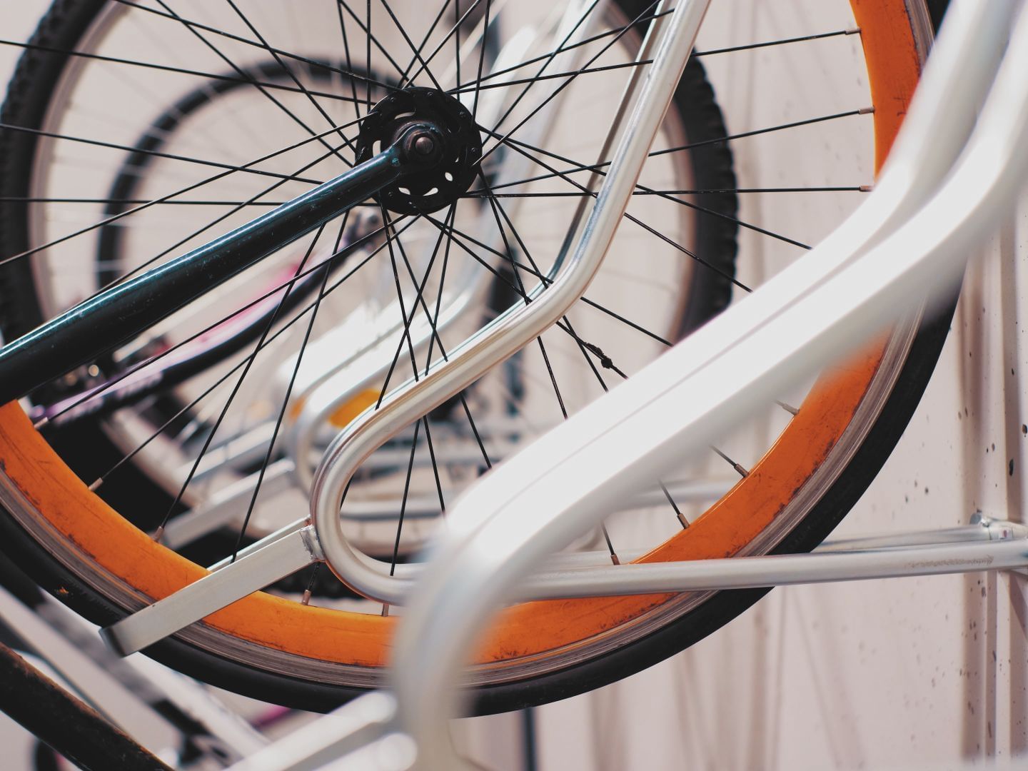 Close-up of a bicycle wheel in Bike Storage at Austin Condo