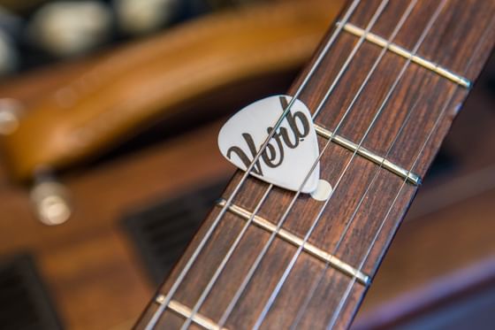 Guitar neck detail shot with Verb branded guitar pick